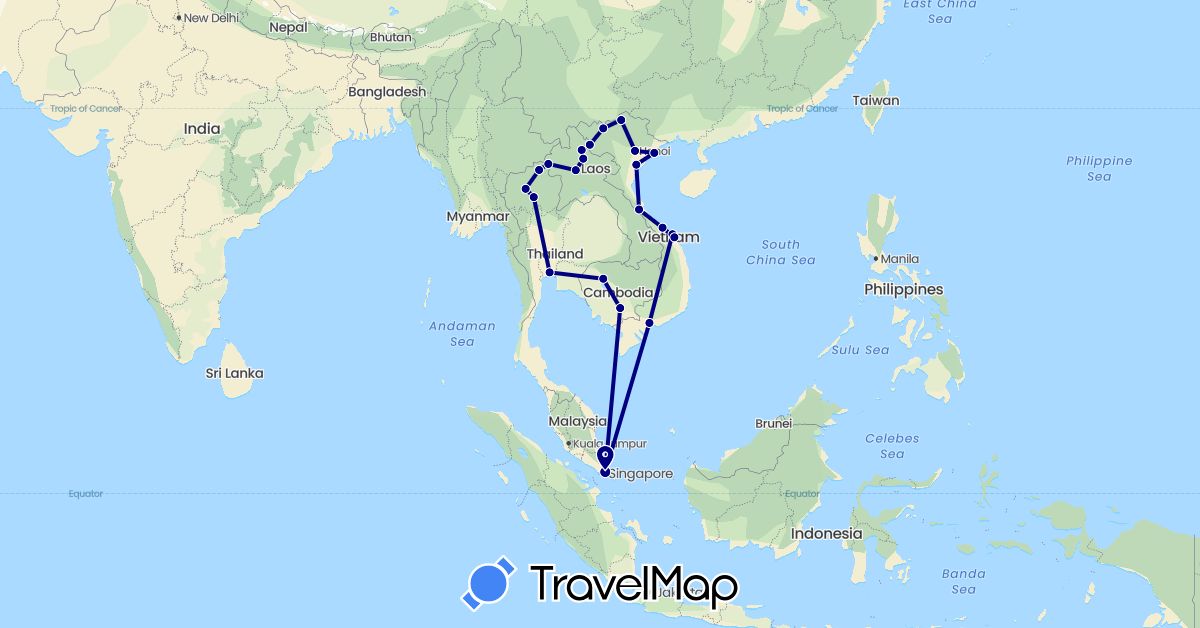 TravelMap itinerary: driving in Cambodia, Laos, Singapore, Thailand, Vietnam (Asia)